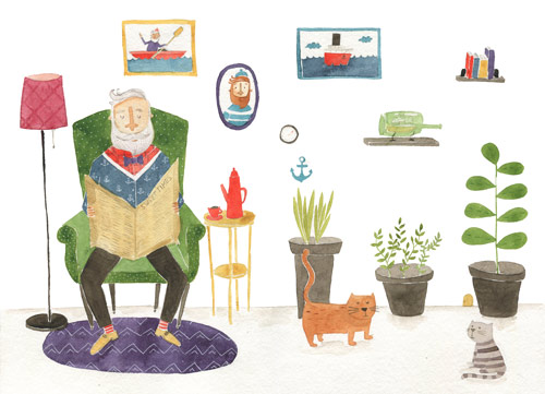 Water color senior man with dog